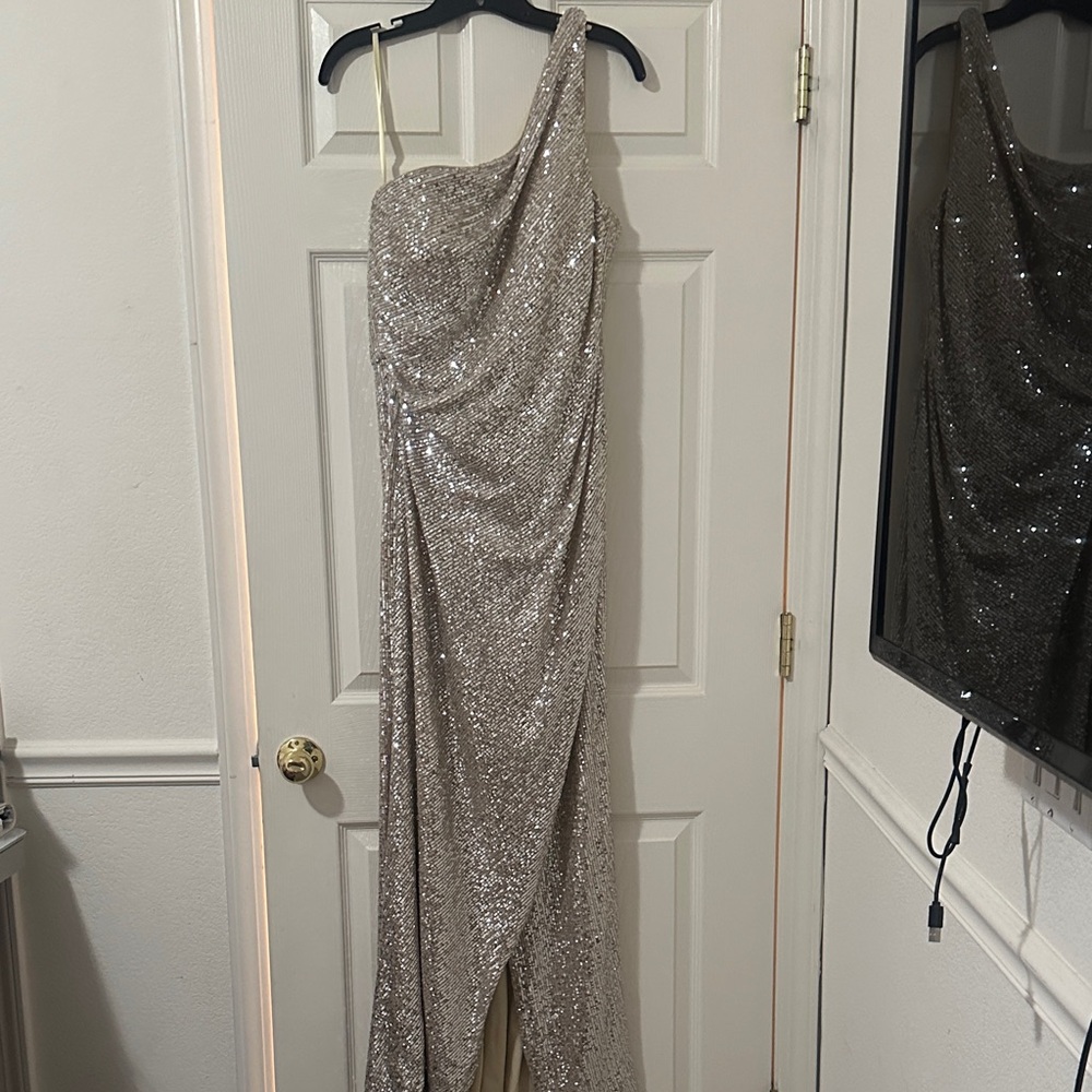 La Femme Sparkling Silver One-Shoulder Gown